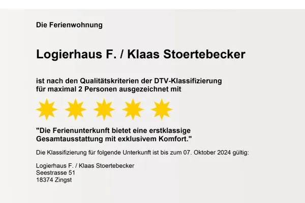 DTV Klassifizierung Logierhaus Friedrich WE 3 - "Klaas Störtebecker"