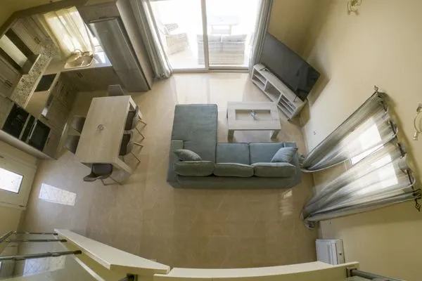 View from the upper floor to the living area  Villa Korfiatissa