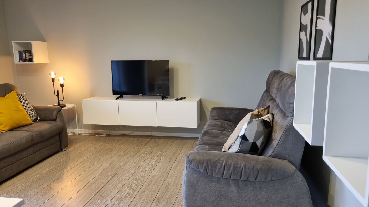 Haus Spökenkieker Loppersum Kiebitzdelle Dünen - Wohnzimmer Sofa TV
