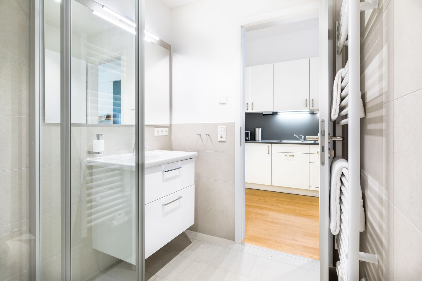 Ferienapartments am Krusespeicher Ferienapartments am Krusespeicher 1-14 Wismar - Badezimmer mit Zugang zum Wohn-/Schlafbereich