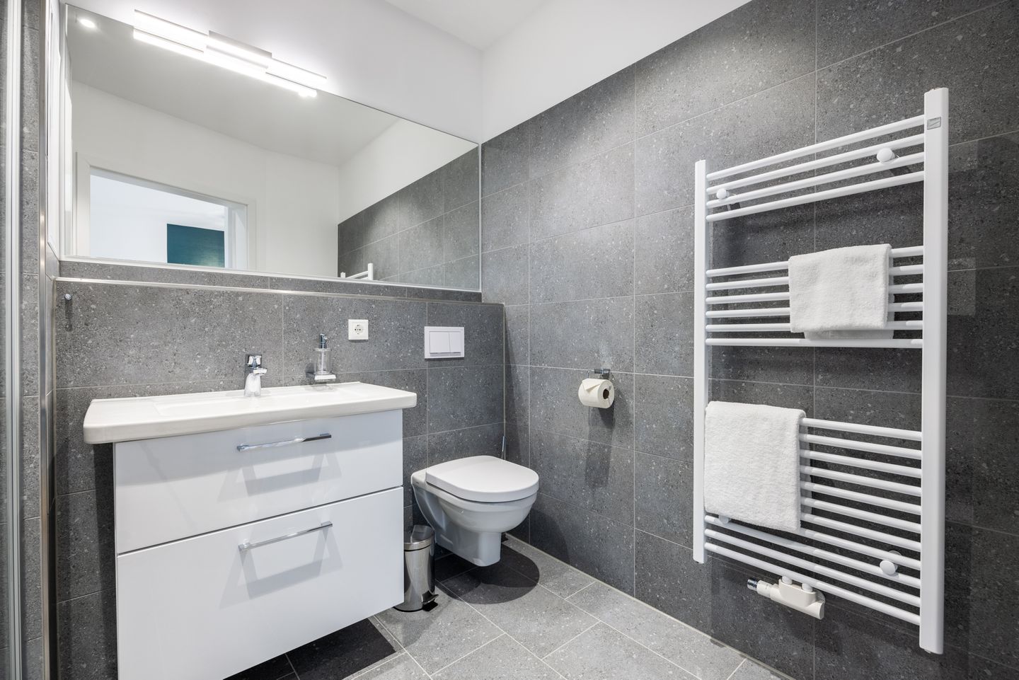 Krusespeicher Krusespeicher 3-49 Wismar - Badezimmer mit Waschtisch, WC und Spiegel