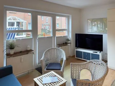 Wohnzimmer der Ferienwohnung Strandlöper in Wittdün auf Amrum Huus Heverknob Ferienwohnung *Strandlöper*