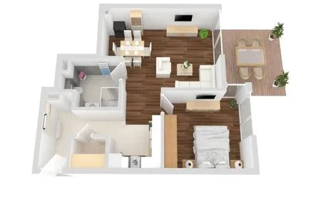 Ferienwohnung Fischotter Waren (Müritz) - Grundriss der Ferienwohnung mit Wohn-, Schlaf- und Essbereich  Fischotter