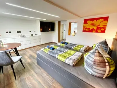 Gesamtansicht des Schlafzimmers mit Blick auf Eingangsbereich in dem sich Küchenzeile und Dusche befinden Ferienapartment Zur guten Quelle