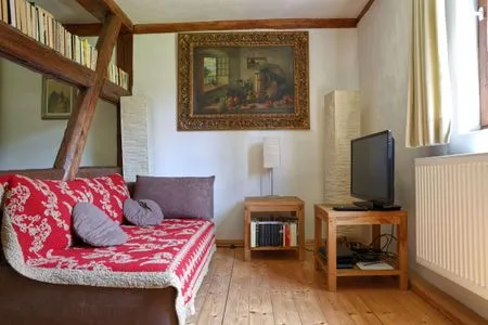 Gemütliches Sofa, zahlreiche Bücher zum Lesen und TV Ferienwohnung Parkblick