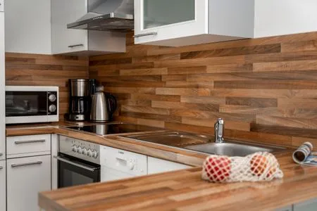 Küche / Küchenzeile FeWo Haubentaucher - Kamin, Sauna, Meerblick