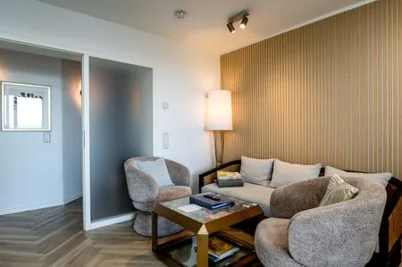 Wohnzimmer FeWo Dwarslöper - Balkon, Sauna, Meerblick