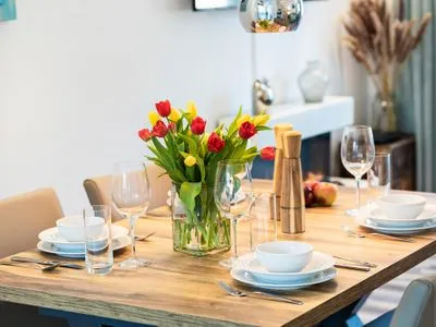 Wohn/Essbereich: Schlafsofa, TV, Zugang zur Terrasse FeWo Unsere Perle in PRORA - 4.01