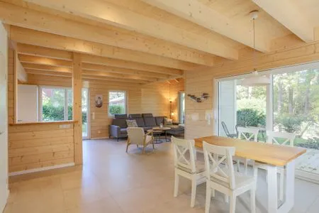 Einfamilienhaus Am Hafen 21 in Zieslow — offener Wohn-Essbereich mit Holzdecke, großer Schiebetür zur Terrasse  Am Hafen 21