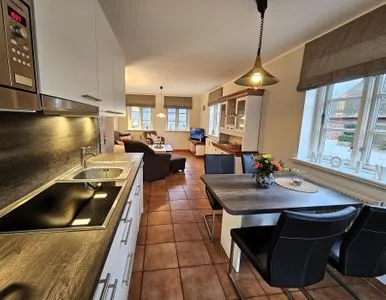 Moderne Küche mit Esstisch und Wohnbereich im Hintergrund. Am Museum - Wohnung 1