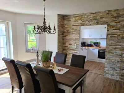 Wohnzimmer Ferienhaus Haffliebe mit Sauna und Kamin