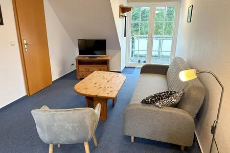 Zimmer mit gemütlicher Sitzgruppe und TV Haus Kleist Zimmer 4