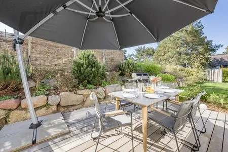 Terrasse Ferienhaus Reethus bei den Wassern mit Sauna, Kamin und Terrasse