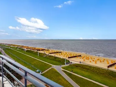 Dachterrasse einer exklusiven Ferienwohnung Cuxhaven-Duhnen mit weitem Meerblick auf die Nordsee. Haus Pacific Duhnen Nr. 91