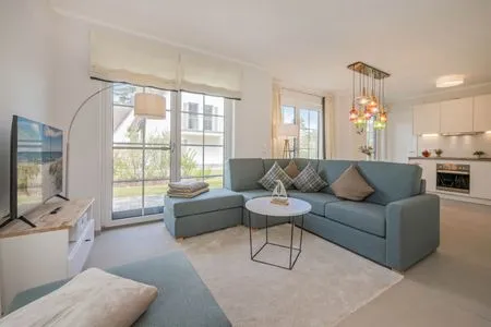 Wohnzimmer Ferienhaus Stettiner Haffblick mit Sauna, Kamin und Terrasse