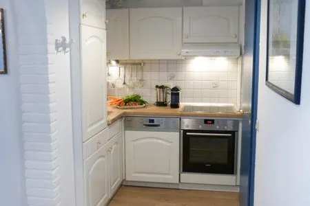 Küche mit Herd und Spülmaschine in der Ferienwohnung Reetblick in Norddorf auf Amrum Haus Pesel Ferienwohnung *Reetblick*