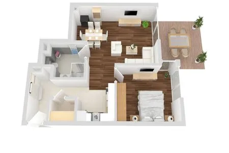 2 Ferienwohnung Fischotter Waren (Müritz) - Grundriss der Ferienwohnung mit Wohn-, Schlaf- und Essbereich  Fischotter