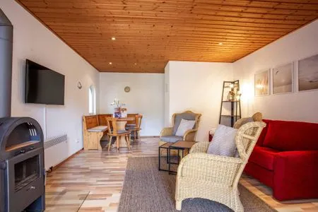Ferienhaus MöwenKieker offener Wohnbereich mit Sitzecke und Kamin  MöwenKieker