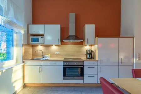 Ferienwohnung Haubentaucher Blick auf die offene Küche  Haubentaucher