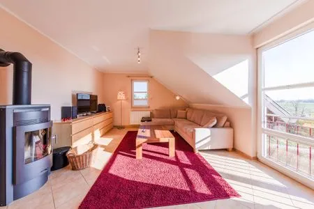 Ferienwohnung Storchenflug Göhren-Lebbin - Blick in das Wohnzimmer mit Kamin  Storchenflug