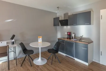 Ferienwohnung Müritznest Küchenzeile mit Kochfeld, Kaffeemaschine und Kühlschrank  Müritznest
