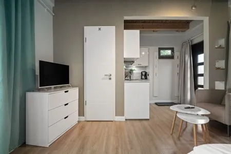 4 Ferienhaus Kleine Sommerliebe Waren (Müritz) - Helles Wohnstudio mit TV, Sitzbereich und integrierter Küchenzeile  Kleine Sommerliebe