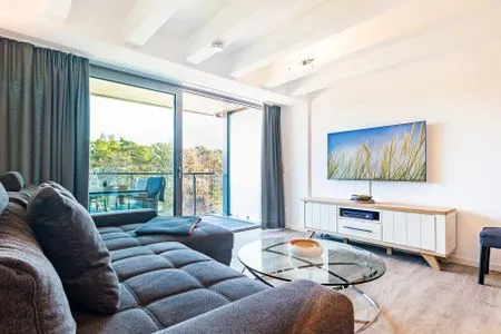 Wohn-/Essbereich: Schlafsofa, TV, Insektenschutz, Zugang zum Balkon mit Tisch und 4 Stühlen FeWo Pontos in PRORA - 4.35