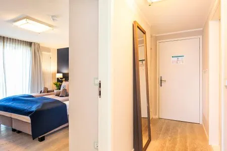 Wohn-/Essbereich: Couchtisch, 2 Sessel, Schlafcouch (150x200), Essbereich, TV FeWo Sonnenschein in PRORA / Indoorpool