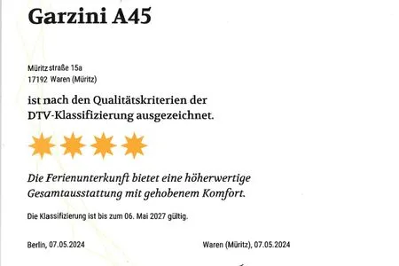 Ferienwohnung Garzini Hafenresidenz Waren (Müritz) – DTV Urkunde  Garzini