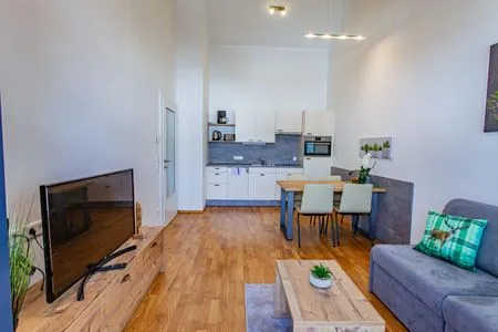 Wohnzimmer, Schlafsofa und Fernseher Happy Aich 2 by Alpenidyll Apartments