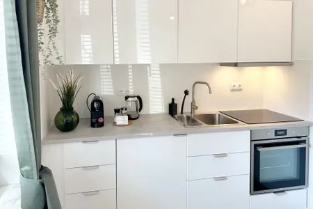 Voll ausgestattete und hochwertige Küche Romantische Ferienwohnung am Hafen mit gratis Bettwäsche-Paket und Terrasse