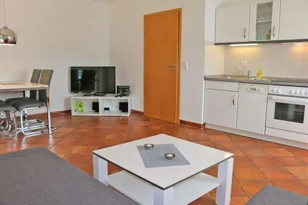Raumaufteilung von der Couch aus gesehen Zum Leuchtturm Wohnung 7