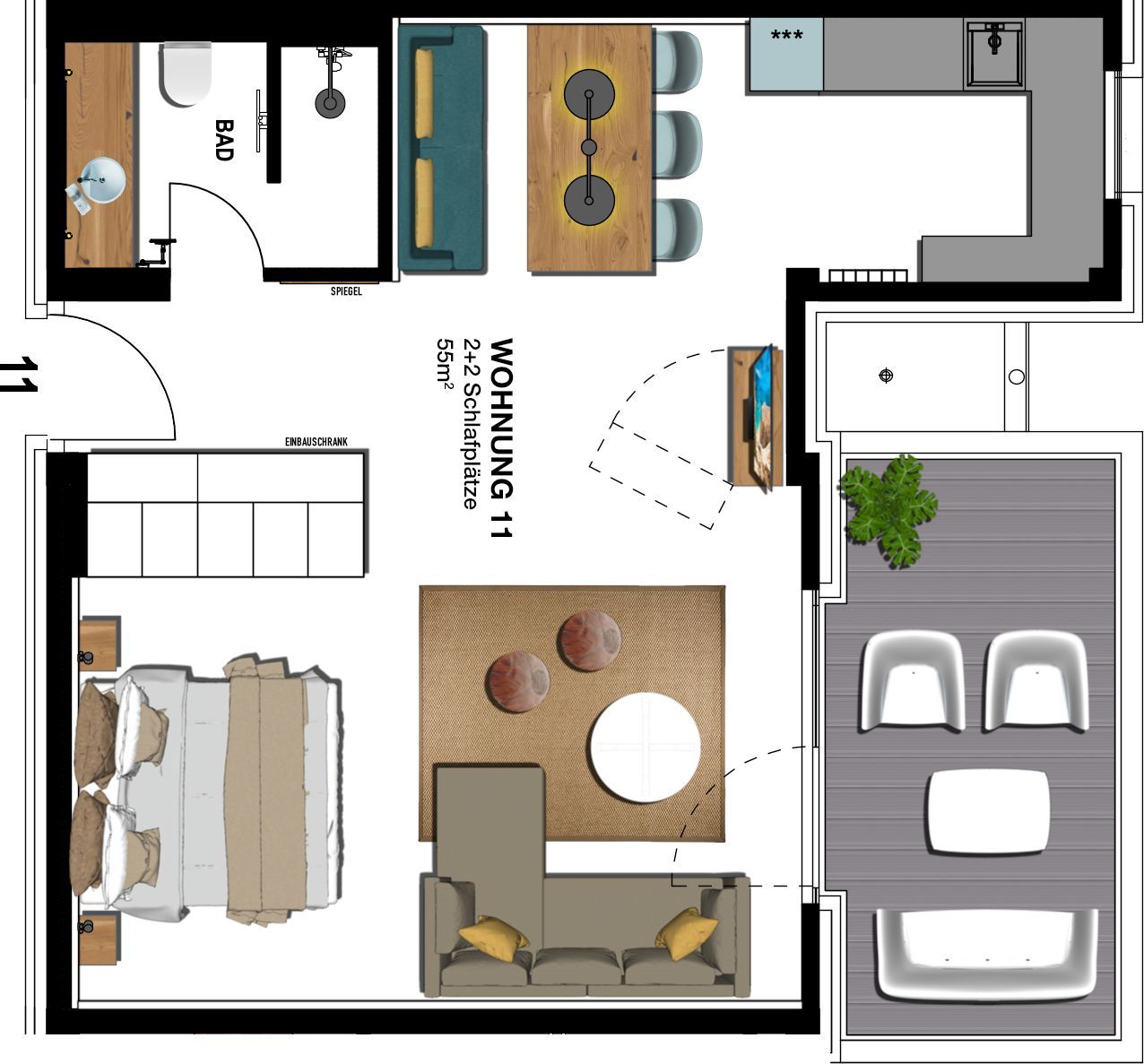 Kaiservillen Heringsdorf 1-Raum-Ferienwohnung mit Balkon zur Seeseite (S11) Insel Usedom - Grundriss