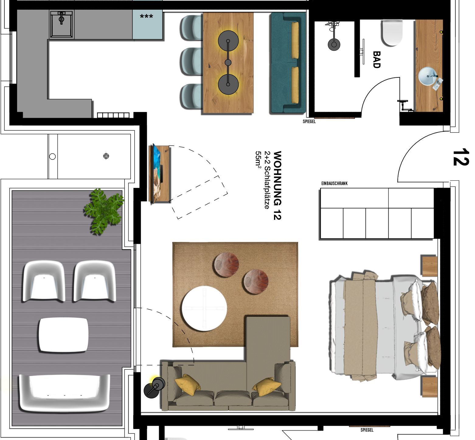 Kaiservillen Heringsdorf 1-Raum-Ferienwohnung mit Balkon zur Seeseite (S12) Insel Usedom - Grundriss