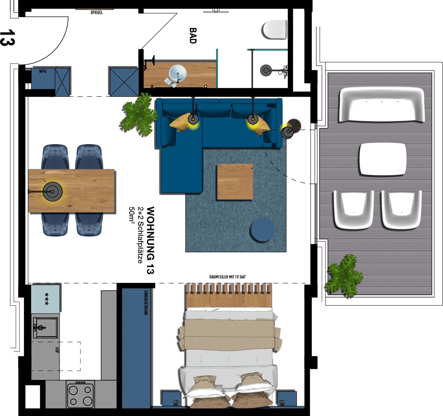 Kaiservillen Heringsdorf 1-Raum-Ferienwohnung mit Balkon zur Seeseite (S13) Insel Usedom - Grundriss