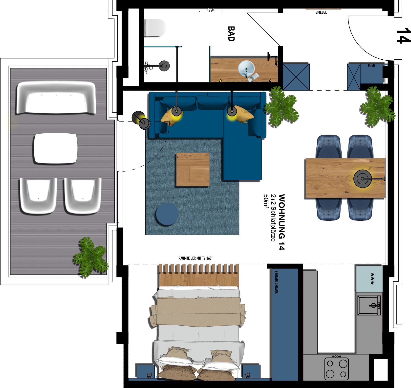 Kaiservillen Heringsdorf 1-Raum-Ferienwohnung mit Balkon zur Seeseite (S14) Insel Usedom - Grundriss