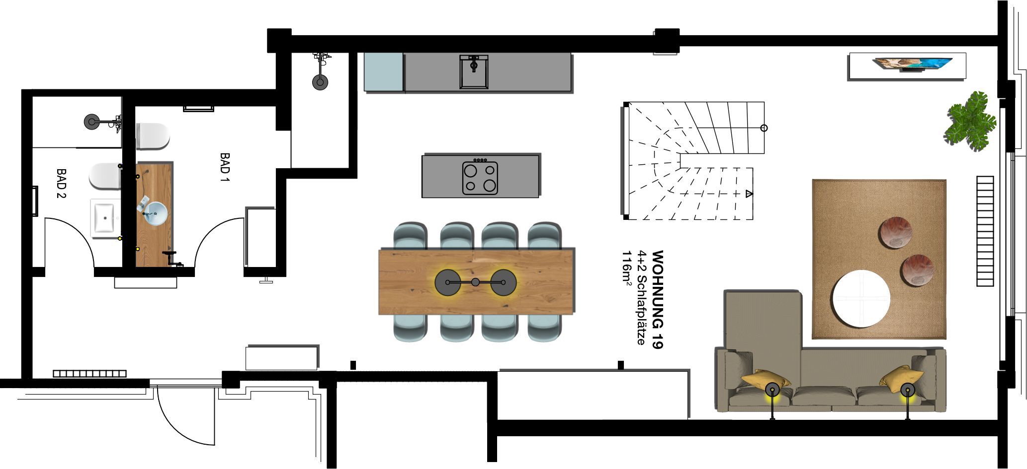 Kaiservillen Heringsdorf Ferienwohnung mit 2 Schlafzimmern und Terrasse (S19) Insel Usedom - Grundriss