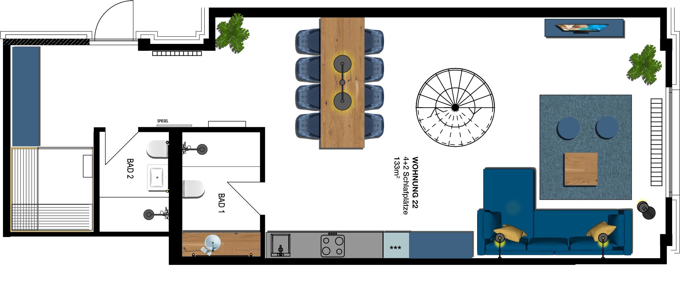 Kaiservillen Heringsdorf Ferienwohnung mit 2 Schlafzimmern und Terrasse (S22) Insel Usedom - Grundriss