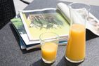 Amrumer Welle Ferienwohnung „Aalto" Wittdün auf Amrum - Zeitschriften und Orangensaft auf der Terrasse der Ferienwohnung Aalto in Wittdün auf Amrum