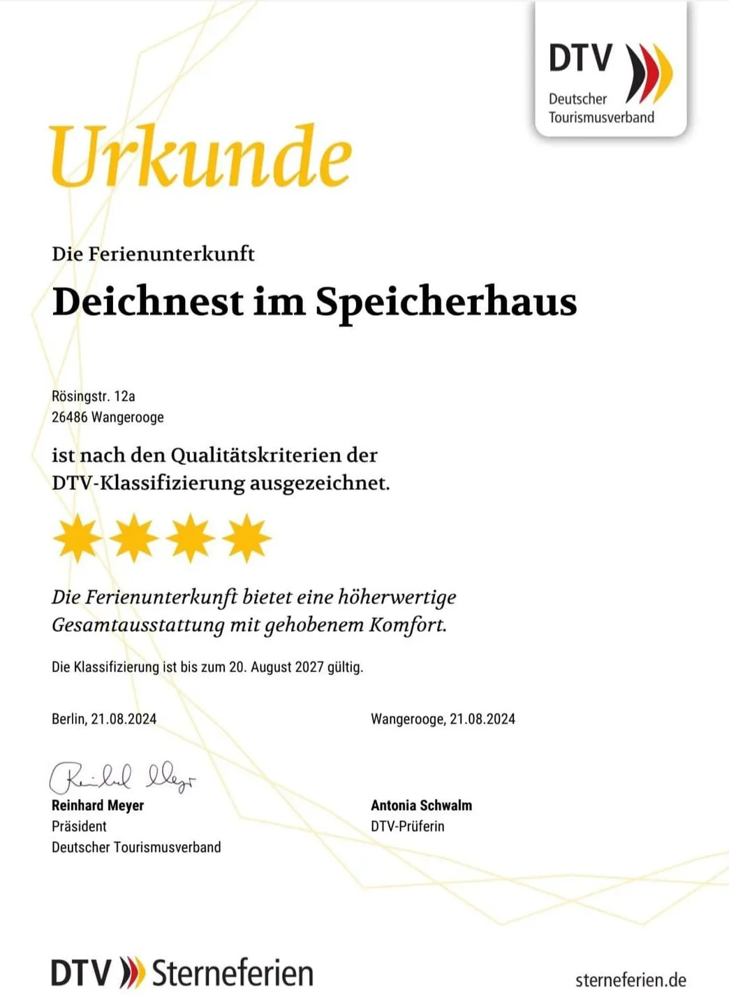 Speicherhaus Ferienwohnung ,,Deichnest'' Wangerooge - Auszeichnung DTV