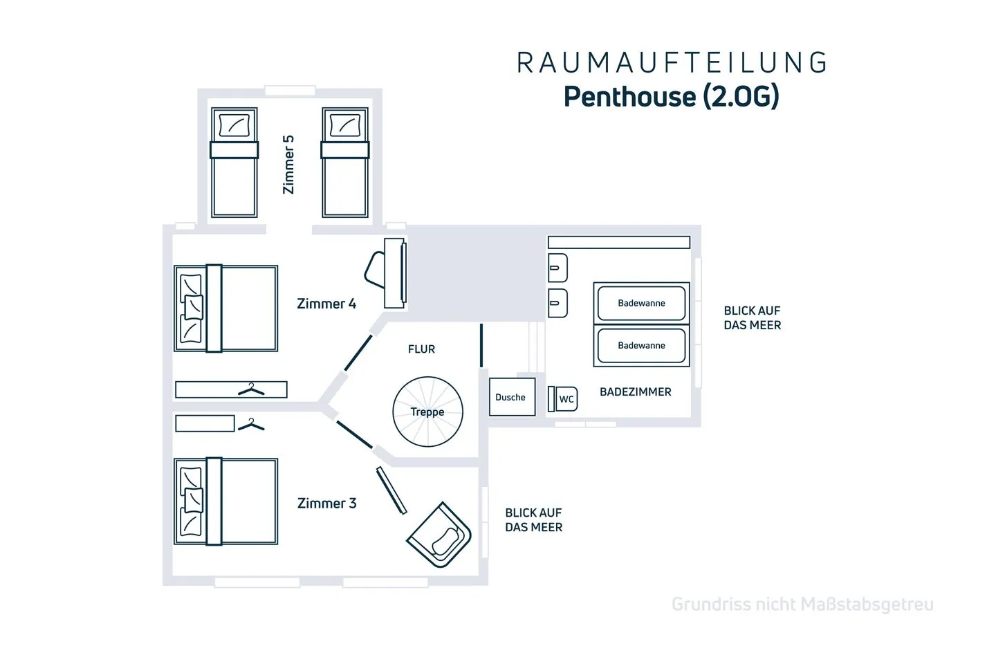 Große Penthouse Ferienwohnung mit Meerblick, Sonnenterrasse & Luxusbad von "Momentic" Sierksdorf - Ansicht Raumaufteilung im 2. Obergeschoss/Dach