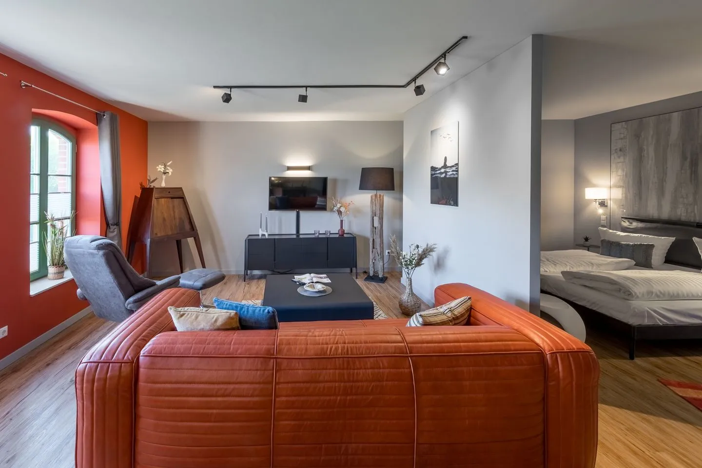 Schwalbenblick Klink - Ferienwohnung Schwalbenblick rotes Sofa und TV