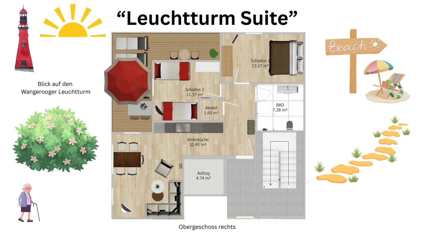 Haus Damenpfad 4 Ferienwohnung Leuchtturm Suite Wangerooge - Grundriss