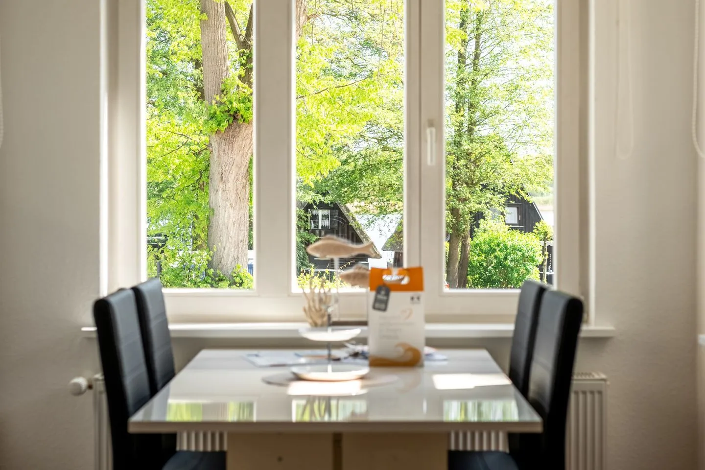 Strandgut Malchow - Ferienwohnung Strandgut Esstisch mit Blick auf das Wasser