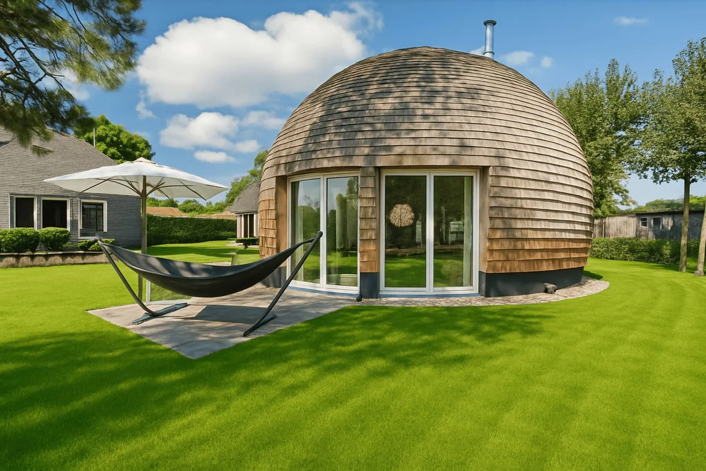 Ferienhaus Nordkugel - Kugelhaus am Tollensesee - großzügige Terrasse mit Gartenblick  Nordkugel