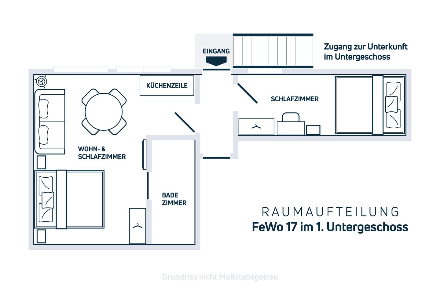  Strandnahe Souterrain-Ferienunterkunft - Mit gratis Bettwäsche-Paket Haffkrug - Scharbeutz - Ansicht Raumaufteilung im 1. Untergeschoss