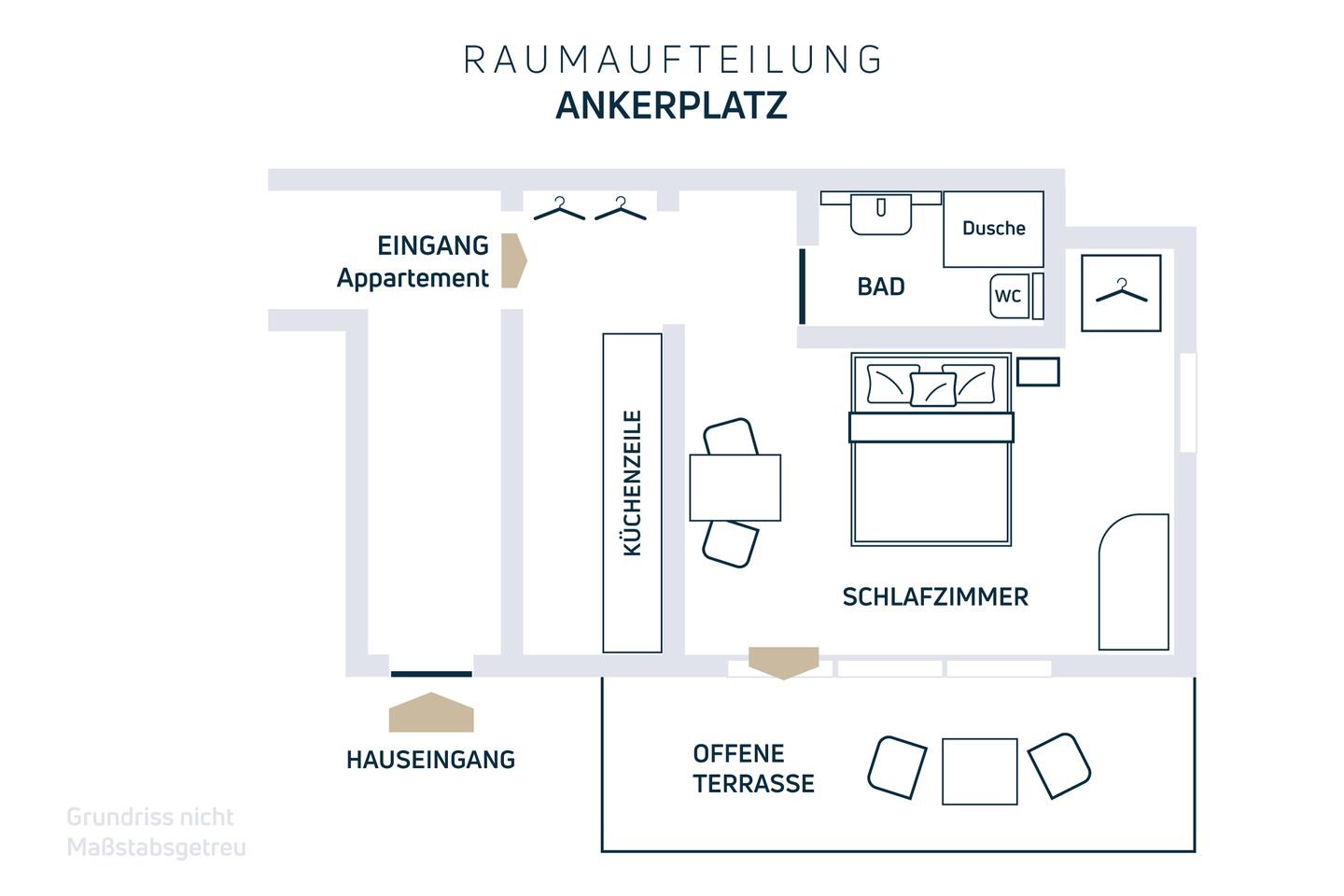  Charmantes Appartement am Hafen mit gratis Bettwäsche-Paket und Terrasse Neustadt in Holstein - Grundriss und Raumaufteilung "Ankerplatz" Ferienwohnung