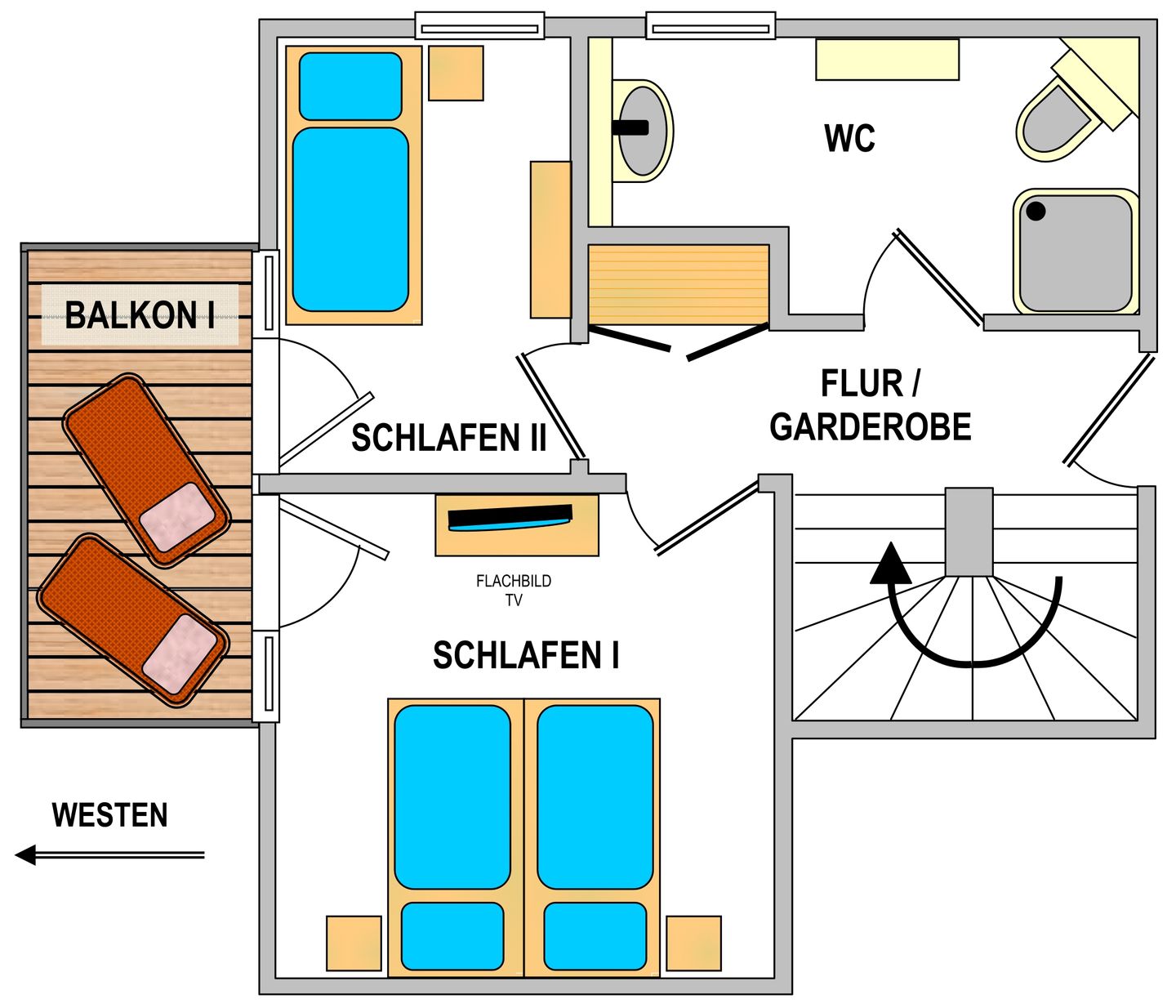Kapitänshaus Whg. 12 meerZEIT Wangerooge - unterer Wohn- und Schlafbereich (1. Etage)