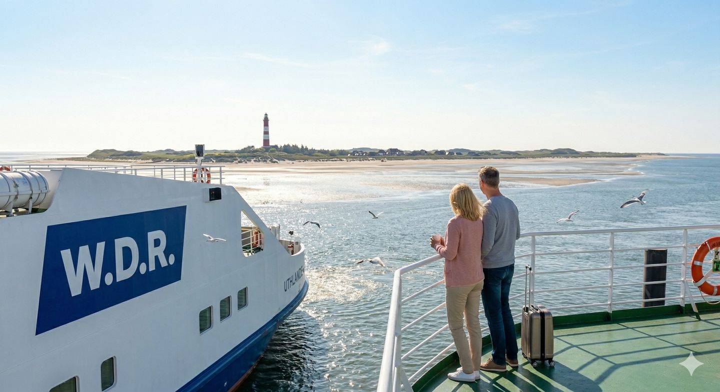 Gemini hat gesagt Ein Paar blickt von der Reling eines Schiffsdecks auf die Nordseeinsel Amrum mit einem rot-weiß gestreiften Leuchtturm. Links im Bild ist die Seite eines W.D.R.-Fährschiffs mit großem Logo zu sehen. Ein Koffer steht neben dem Paar. Möwen fliegen über dem Wasser