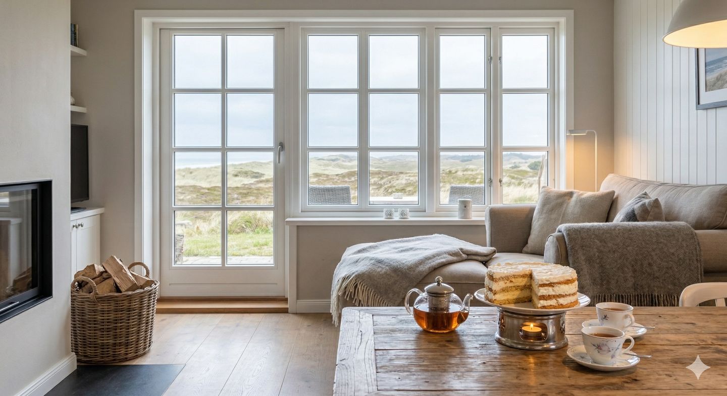 Gemütliche Ferienwohnung vom Amrum Appartement Centrum, Tee und Friesentorte auf einem Tisch vor dem Kamin.